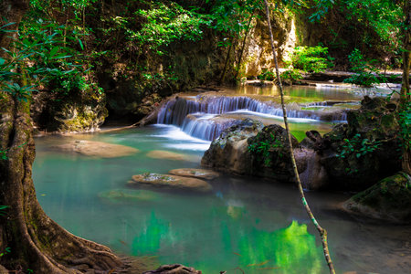 Huay Mae Kamin Waterfall, Kanchanaburi, Thailandの写真素材