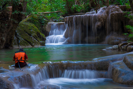 Huay Mae Kamin Waterfall, Kanchanaburi, Thailandの写真素材