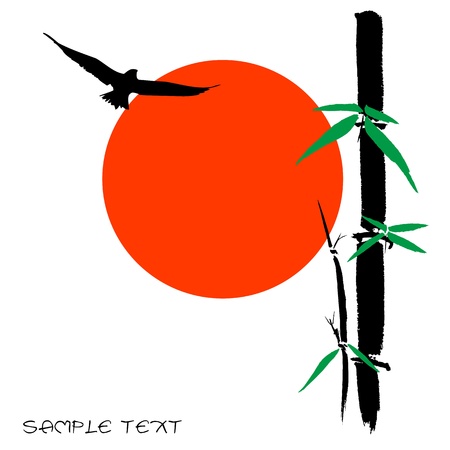 Hand drawn illustration of a bamboo and sun silhouette against a white backgroundのイラスト素材