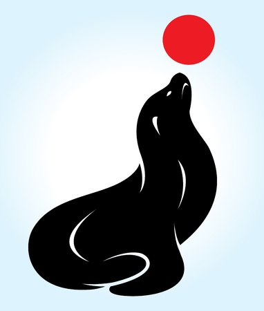 Vector images of the seals playing ball on a blue backgroundのイラスト素材
