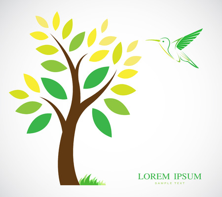 Vector design of trees and hummingbird on white backgroundのイラスト素材
