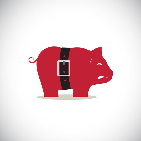 Pink pig piggy bank with tight belt isolated on white background.のイラスト素材