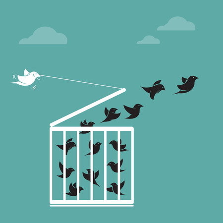 Vector image of a bird in the cage and outside the cage. Freedom conceptのイラスト素材