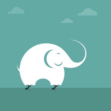 Vector image of ant lifting an elephant. Impossible conceptのイラスト素材