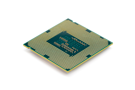 Image of CPU microchip on white isolated background. Electronic circuits. Computer hardware