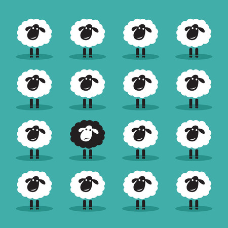 Vector of single black sheep in white sheep group. Animal. Dissimilar concept.のイラスト素材