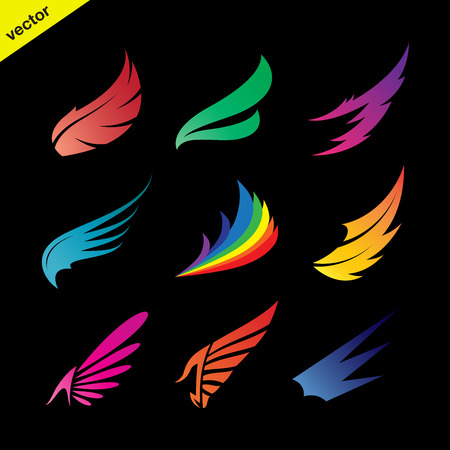 Vector colorful wing icons set on black background., vector of wing for your design.のイラスト素材