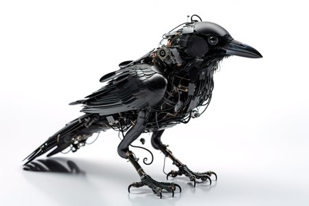 Image of a crow modified into a robot on a white background. Wild animal. illustration. generative AI.の素材