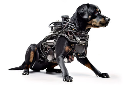 Image of a black dog modified into a robot on a white background. Pet. Animals. illustration, generative AI.の素材