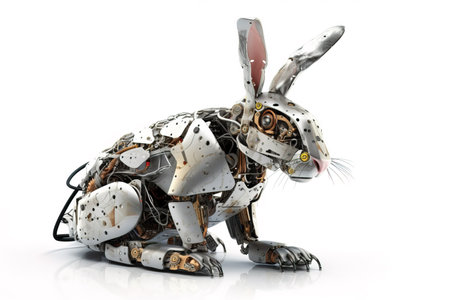 Image of a rabbit modified into a robot on a white background. Wild animal. illustration, generative AI.の素材