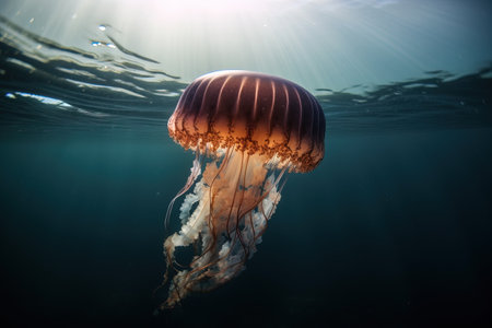 image of a jellyfish swimming under the sea. underwater animals. illustration, generative AI.の素材