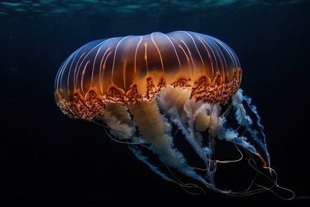 image of a jellyfish swimming under the sea. underwater animals. illustration, generative AI.の素材