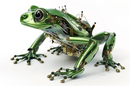 Image of a green frog modified into a robot on a white background. Wild animal. illustration, generative AI.の素材