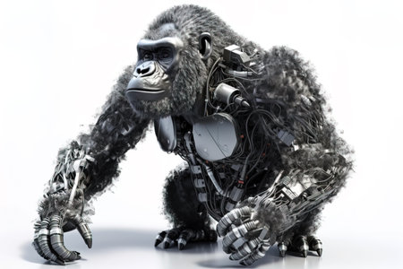 Image of a gorilla modified into a robot on a white background. Wild animal. illustration, generative AI.の素材