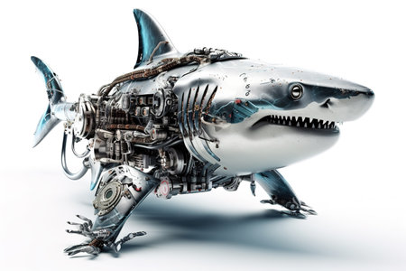 Image of a shark modified into a robot on a white background. underwater animals. illustration, generative AI.の素材