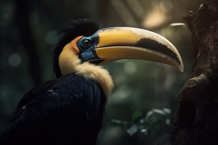 Image of hornbill standing on a branch in the forest on natural background. Wild Animals. Bird. illustration. Generative AI.の素材