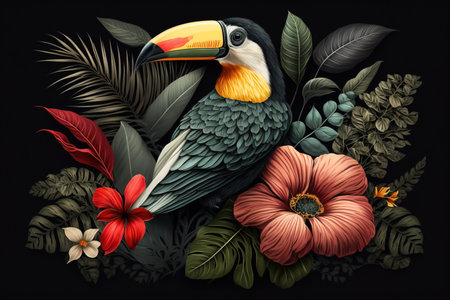 Image of brightly colored toucan bird with colorful tropical flowers. Wild Animals. Bird. illustration. Generative AI.の素材