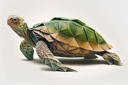 Image of paper origami art. Handmade paper green turtle. Underwater Animals. illustration, generative AIの素材