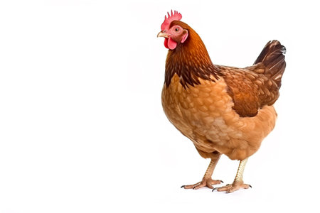 image of standing brown hen on white background. Farm Animals. illustration, generative AI.の素材