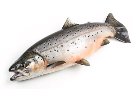 image of salmon fish on white background. Underwater Animals. Foods. illustration, generative AI.の素材