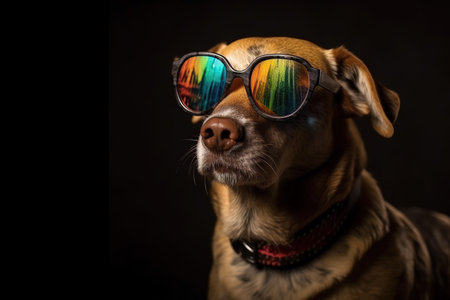 Dog wearing colorful sunglasses on black background. Pet. illustration, generative AI.の素材