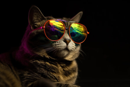 Cat wearing colorful sunglasses on black background. Pet. illustration, generative AI.の素材