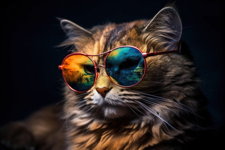 Cat wearing colorful sunglasses on black background. Pet. illustration, generative AI.の素材