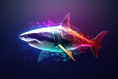 Shark with light that is in the digital world on a dark background. Sea animals. illustration, generative AI.の素材