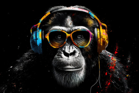 Monkey wearing sunglasses with headphones enjoys the music. Wildlife. illustration, generative AIの素材