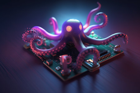 An octopus with light that is in the digital world on a dark background. Sea animals. illustration, generative AI.の素材