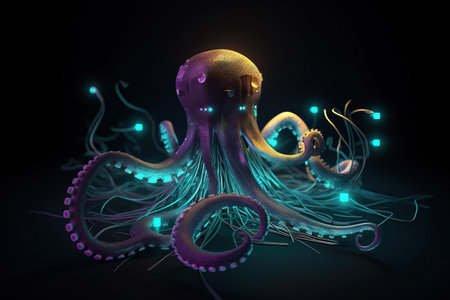 An octopus with light that is in the digital world on a dark background. Sea animals. illustration, generative AI.の素材