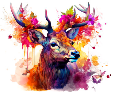 Image of a painting a deer head with colorful tropical flowers. wildlife. Animal. illustration, Generative AI.の素材