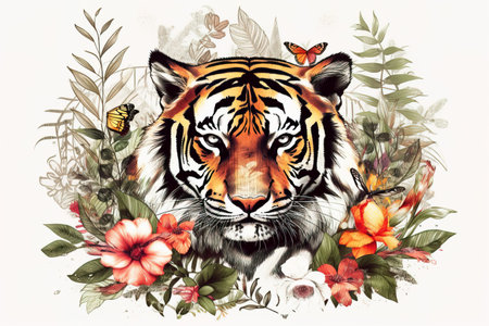 Image of tiger head with colorful tropical flowers. wildlife. Animal. illustration. Generative AI.の素材