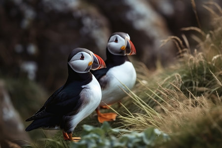 Flock of atlantic puffin or common puffin standing on the meadow. Birds. Wild Animals. illustration. Generative AI.の素材