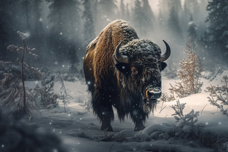 Image of bison standing in a forest with snow on natural background. Wild Animals. illustration. Generative AI.の素材