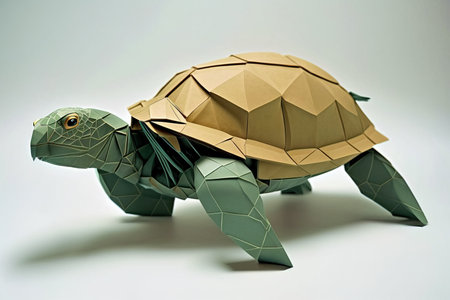 Image of paper origami art. Handmade paper green turtle. Underwater Animals. illustration, generative AIの素材