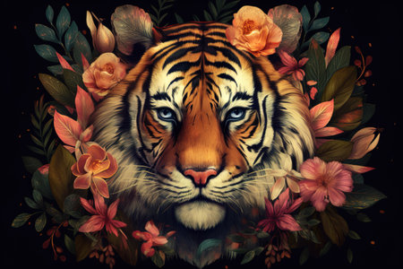 Image of tiger head with colorful tropical flowers. wildlife. Animal. illustration. Generative AI.の素材