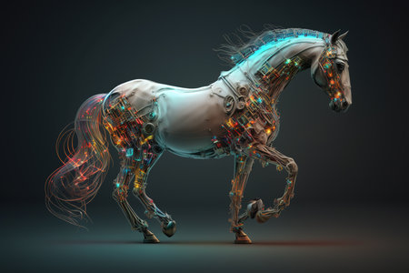 Image of a horse with technology concept. Wildlife Animals. Illustration, generative AI.の素材