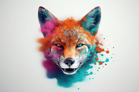 Image of a colorful fox head on a clean background. Wildlife Animals. Illustration, generative AI.の素材