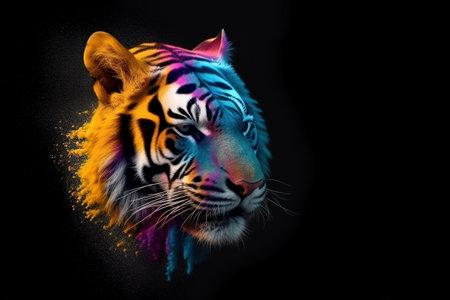 Image of a a tiger head with beautiful bright colors on a dark background. Wildlife Animals. Illustration, generative AI.の素材