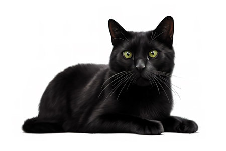 Image of attractive black cat sitting on white background. Pet. Animals. Illustration, generative AI.の素材