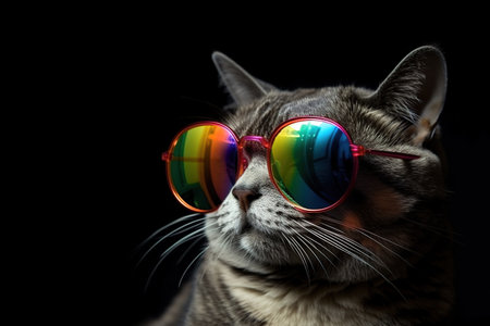 Cat wearing colorful sunglasses on black background. Pet. illustration, generative AI.の素材