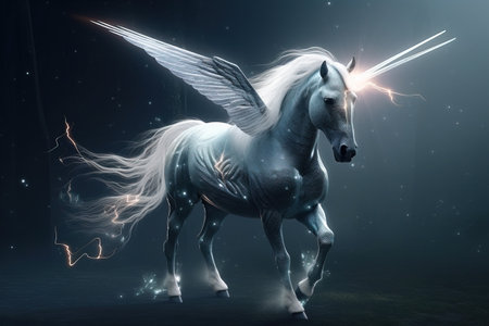 Image of a unicorn horse with light and lightning on a dark background. Wildlife Animals. Illustration, generative AI.の素材