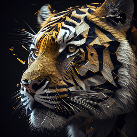 Image of a tiger head with beautiful bright colors on a dark background. Wildlife Animals. Illustration, generative AI.の素材