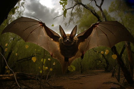 Image of a big bat are flapping their wings in the dark. Birds. Wildlife Animals. Illustration, generative AI.の素材