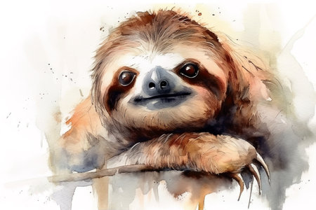 Watercolor painting of a sloth on a white background. Wildlife Animals. Illustration, generative AI.の素材