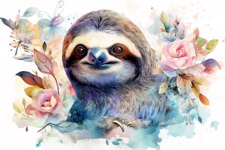 Watercolor painting of a sloth on a white background. Wildlife Animals. Illustration, generative AI.の素材