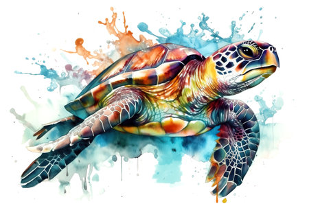 Watercolor painting of a turtle on a white background. Wildlife Animals. Illustration, generative AI.の素材