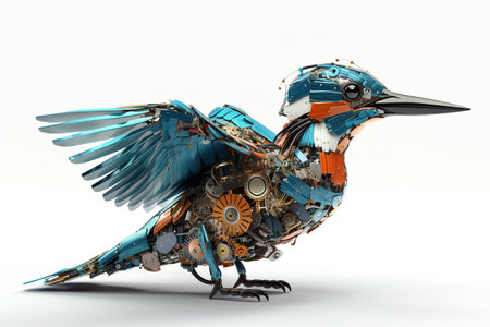 Image of a common kingfisher modified into a electronics robot on a white background. Wildlife Animals. Birds. illustration, generative AI.の素材