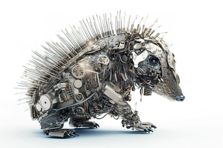 Image of a porcupine modified into a electronics robot on a white background. Wildlife Animals. Illustration, Generative AI.の素材